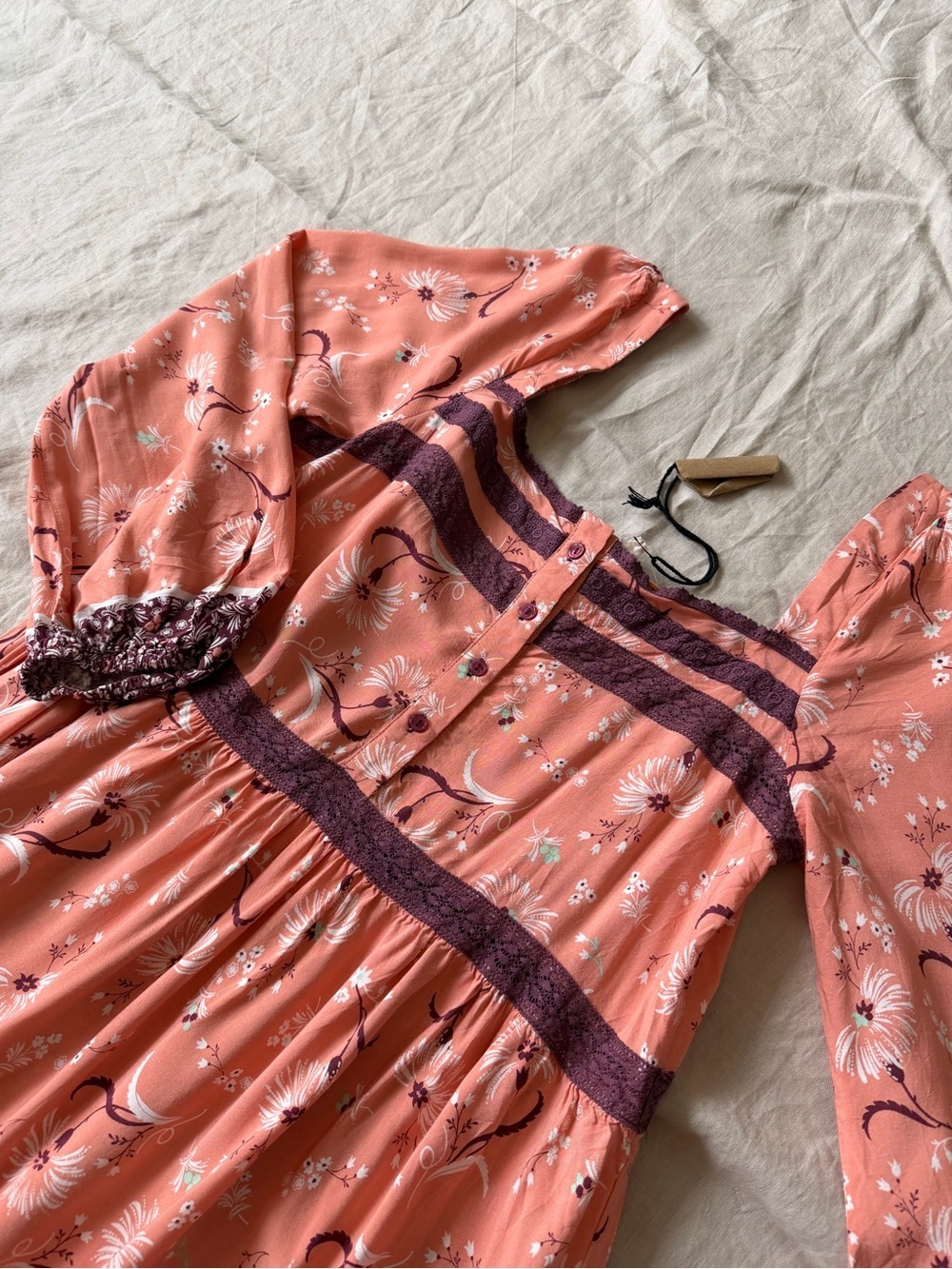 Jaase NWT boho pink Peach Midi Dress with Long Sleeves tiered skirt medium - Picture 8 of 14